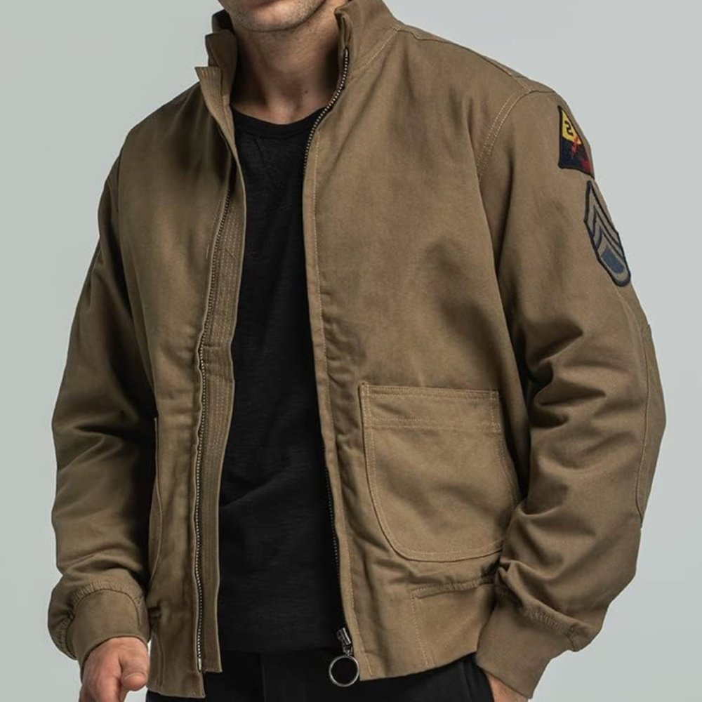 Men's Tactical Coat Military Flight Bomber Jacket Stand Collar Khaki Size 3XL